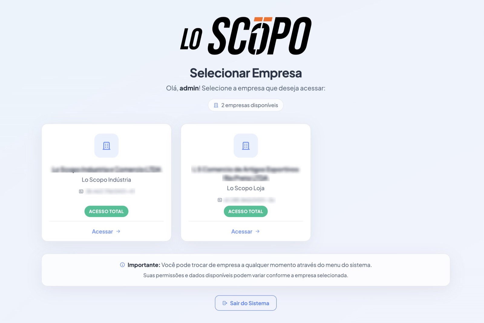 Tela do sistema da Lo Scopo — 1